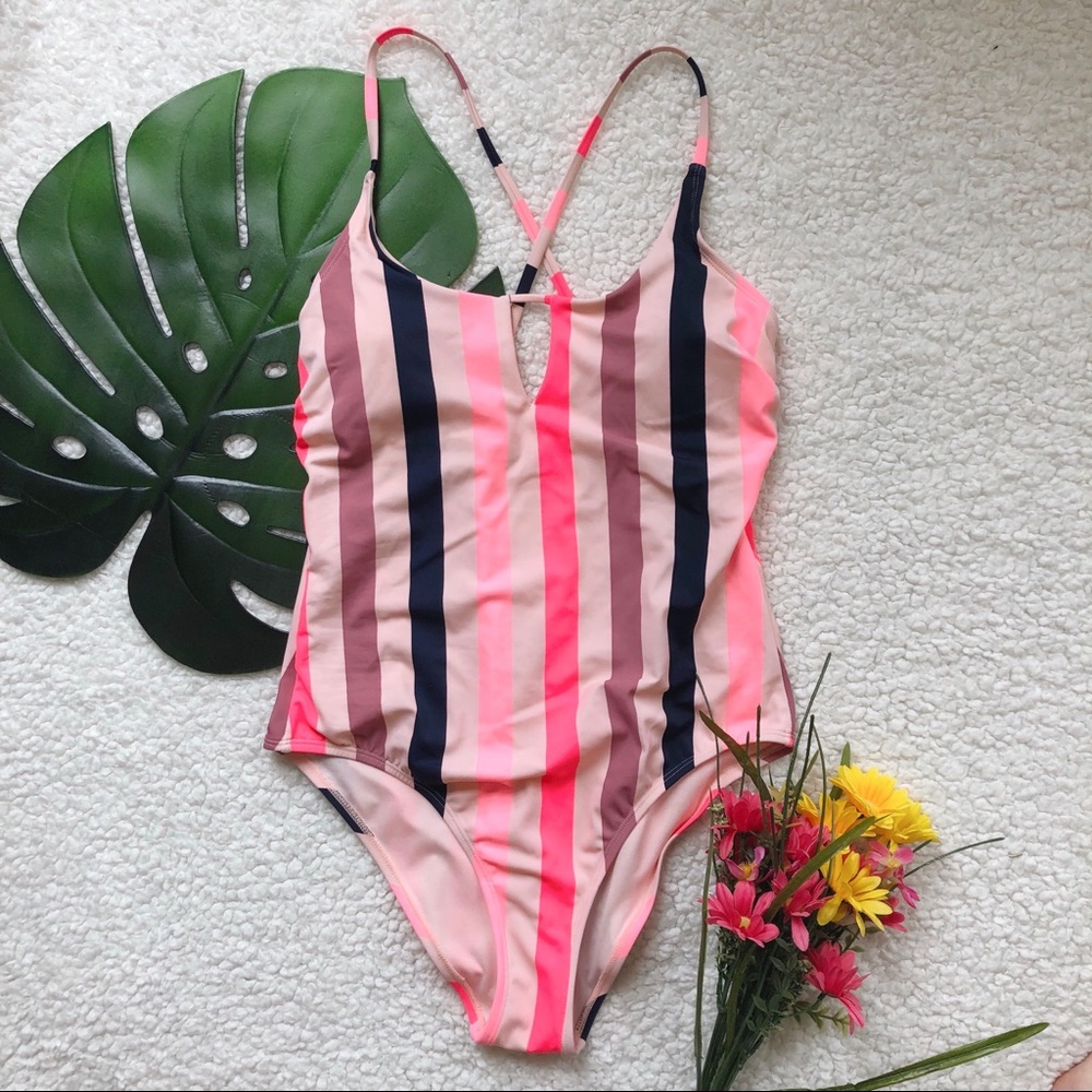 Pink Striped One Piece Open Back Swimsuit
